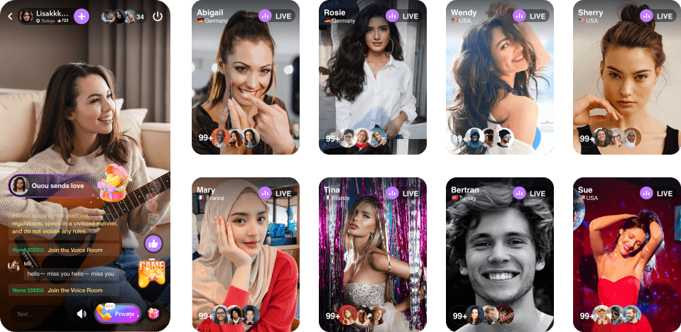 A diverse selection of beautiful live streamers on the TinChat platform.